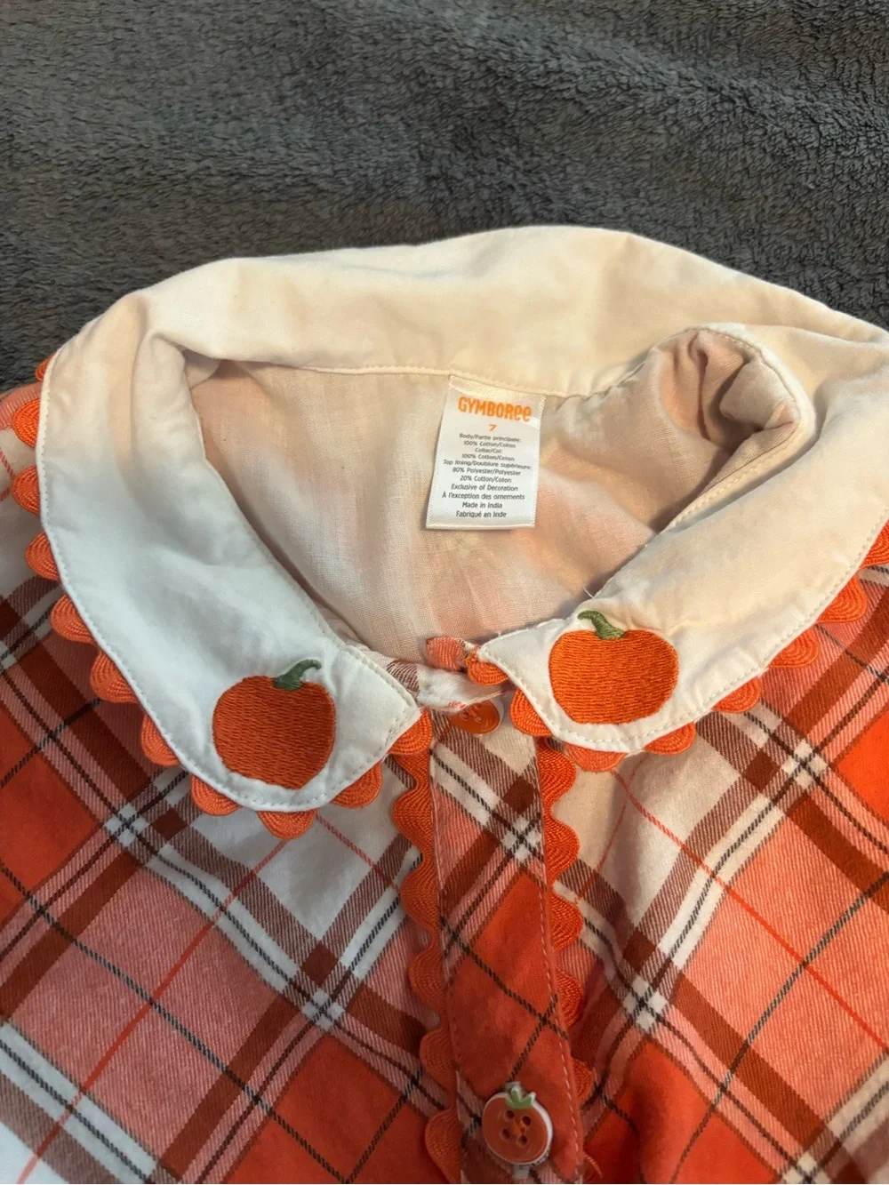 Gymboree Orange and White Flannel Plaid Button-Front Dress with Pumpkin Buttons🎃